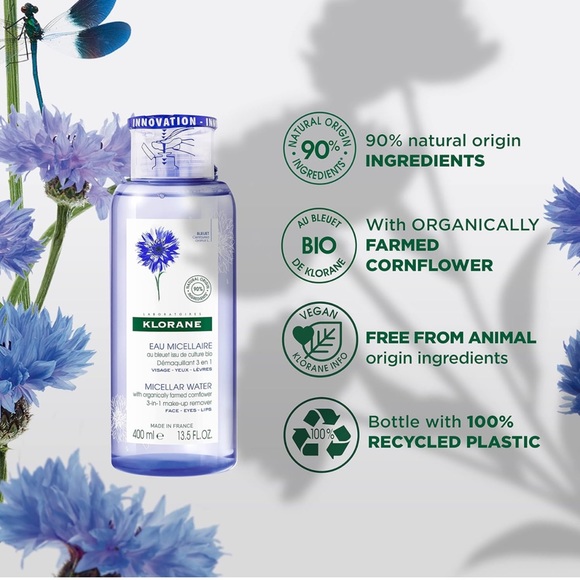 Klorane Micellar Water Make-Up Remover Organic Cornflower, Face-Eyes-Lips 400ml - Picture 2 of 4